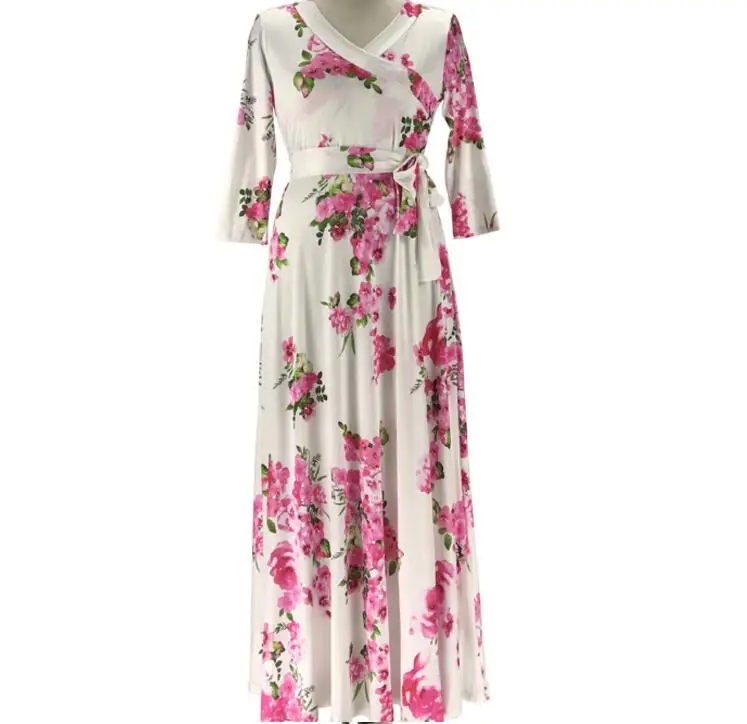 Элегантное женское платье-халат с v-образным вырезом, женское свободное платье макси, Vestidos, большой размер, 5XL, длинный рукав, цветочный принт, длинное платье