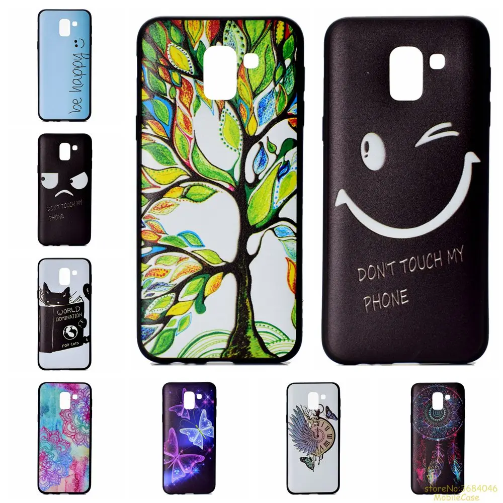 

high Quality black Silicone TPU phone case For Samsung J6 2018 cover with butterfly SmileyFace flower lifeTree Painted coque