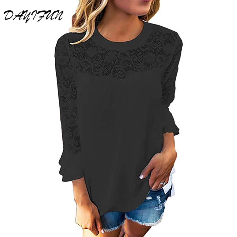 

DAYIFUN Lace Hollow Summer Women Blouses Shirts Fashion Casual Ladies Chiffon Blouses Leisure Vintage Women Tops Shirts 6250