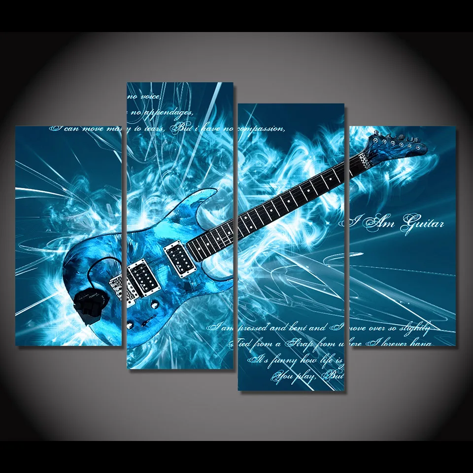 HD Printed 4 Piece Canvas Art Cool Blue Abstract Guitar Painting Wall