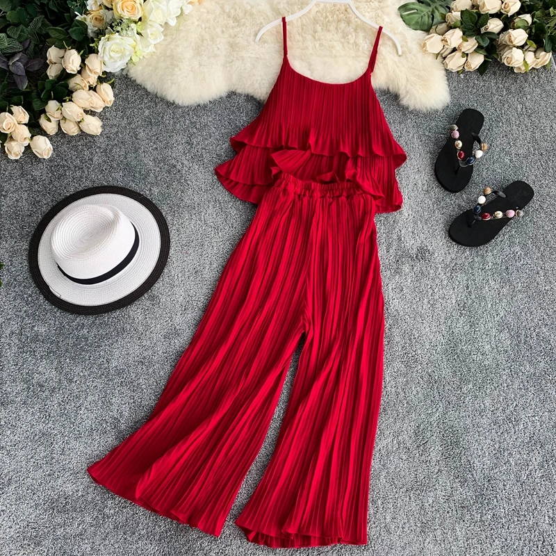 

Summer Casual Solid Color Loose 2 Pcs Set Pleated Ruffle Short Sling Tops + Wide-leg Pants Women Suits