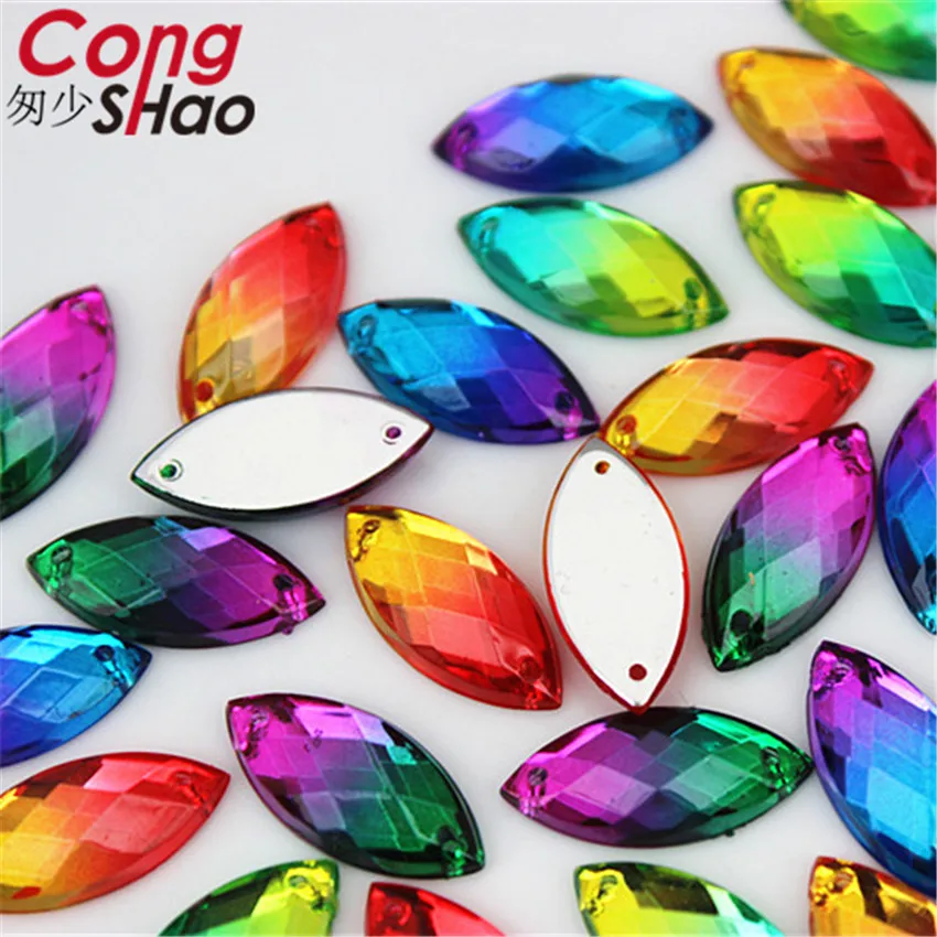 

Cong Shao 40pcs 9*20mm Drop Double color stones and crystals Acrylic Horse eye rhinestone flatback sewing 2 Hole Garment ZZ476