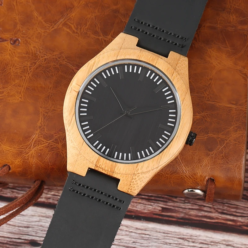 Лучшие подарки супер чистый свет бамбуковый корпус часы с черным циферблатом аналоговые деревянные часы мужские натуральная повседневная кожа кварцевые наручные часы