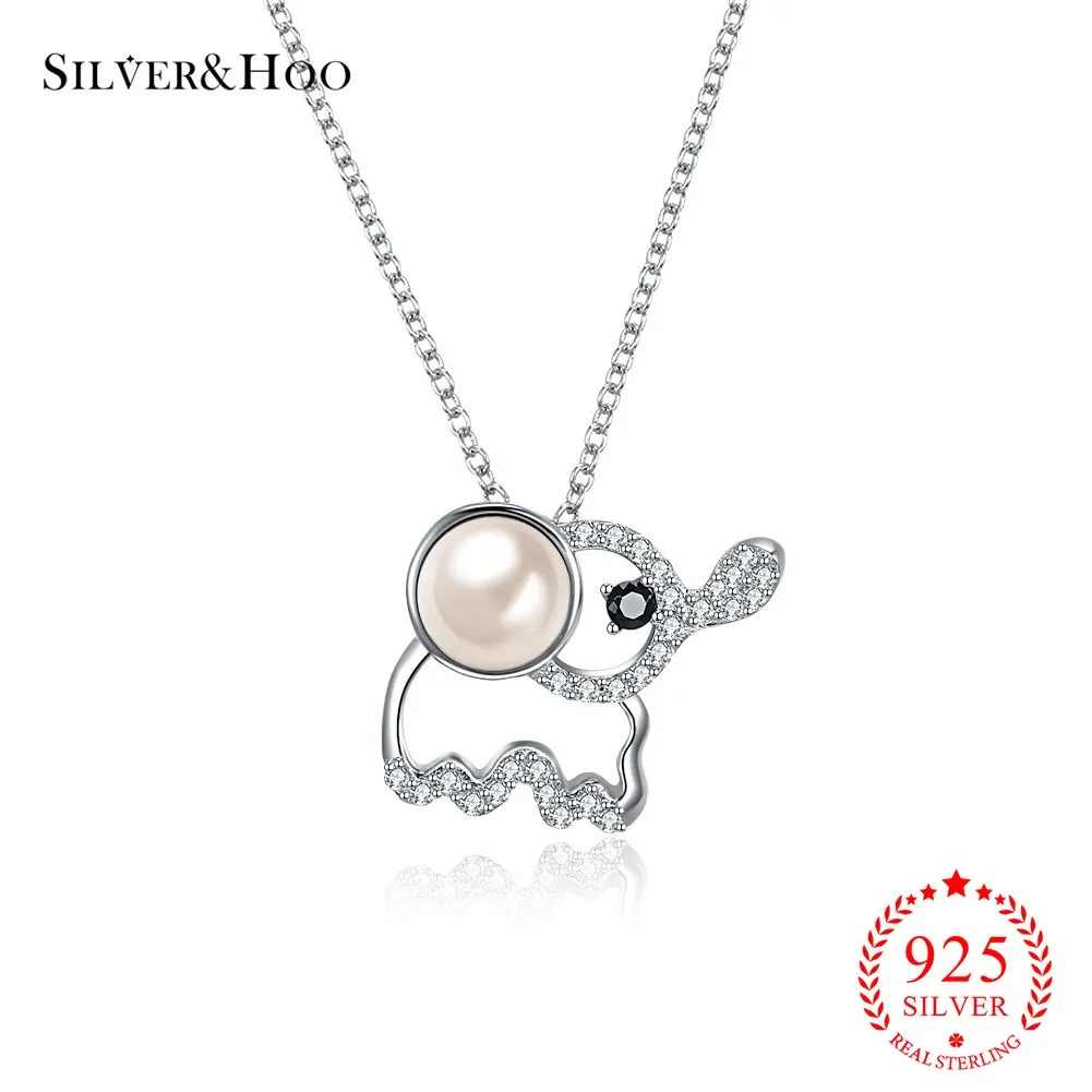

SILVERHOO Authentic S925 Real Sterling Silver Family Cute Elephant Crystal Pendant Necklace for Women Female Gift