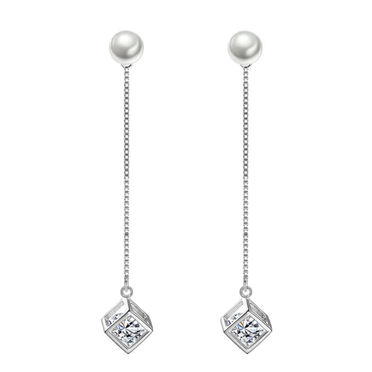 

Silver PLATED LONG Stud Earrings Female Rubik Zircon The Cube