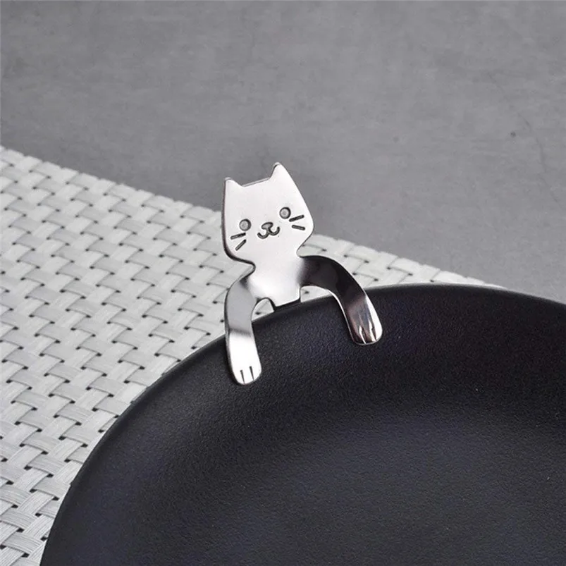 Kitchen Small Mini 304 Stainless Steel Cat Coffee Spoon Teaspoon Dessert Spoon Long Handle Tableware Rose Gold Flatwara 40JY157