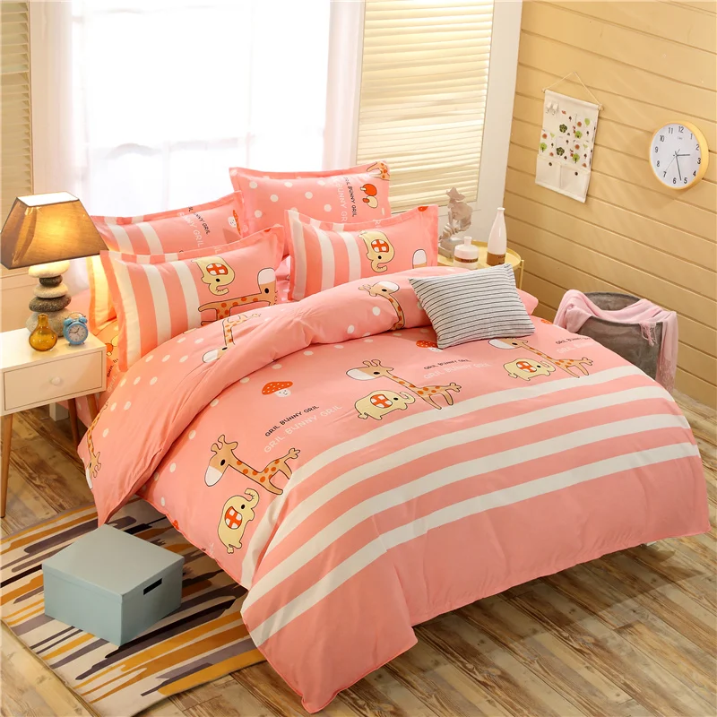 

Home Textile Kids Like Cartoon Giraffe Printing 3/4pcs stripe pink Bedding Sets Duvet Cover Set Bed Linen Bedclothes Pillowcase