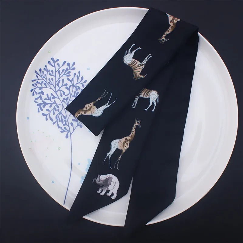 

POBING Elephant Giraffe Print Silk Scarf Women Head Scarf Brand Small Tie Handle Bag Ribbon Long Scarves Female Wraps 100*5CM