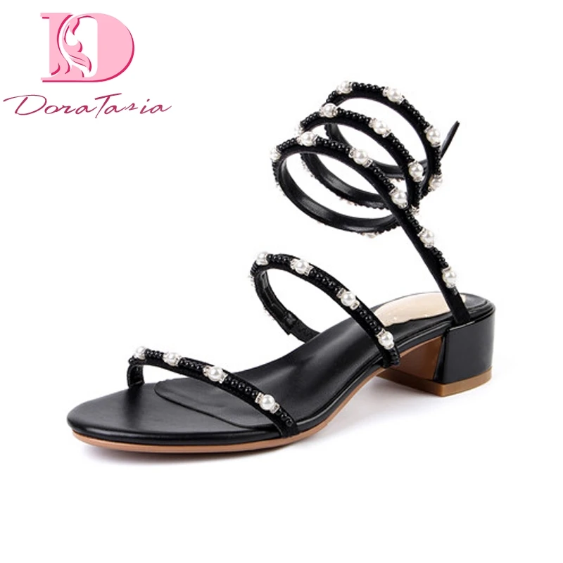 

DoraTasia Brand Design Kid Suede Square Med Heels String Bead Solid Top Quality Shoes Woman Casual Summer Sandals