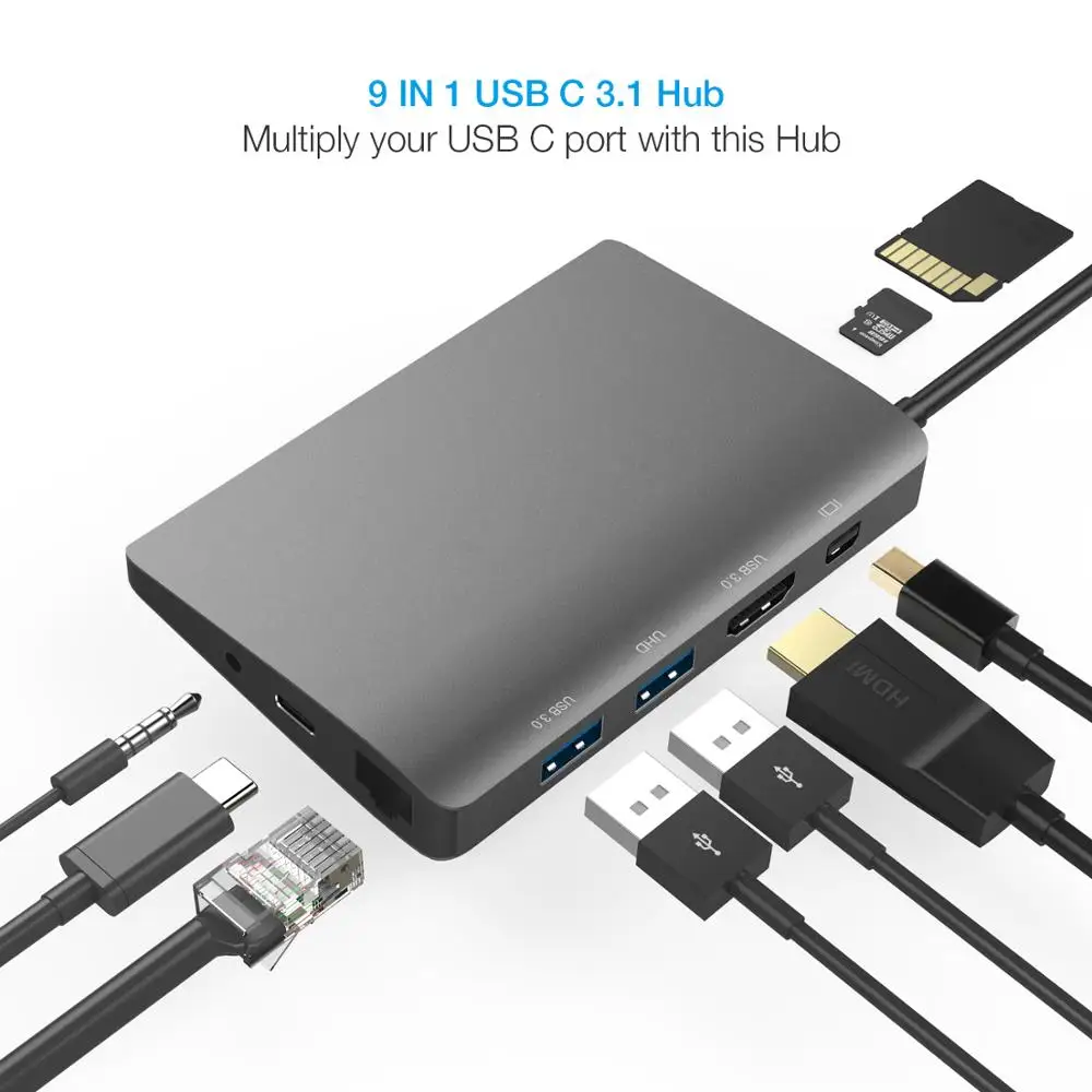 

Amkle 9-in-1 USB Hub Multifunction USB-C Hub with Type-C 4K Video HDMI Gigabit Ethernet Adapter USB 3.1 USB C Type C3.1 HUB