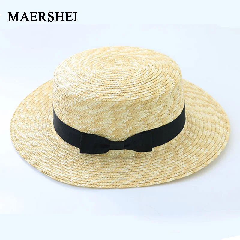 MAERSHEI Summer women straw hat Parent-child sun hat Kids Large Brim Beach caps Boater Beach Ribbon Round Flat Top fedora