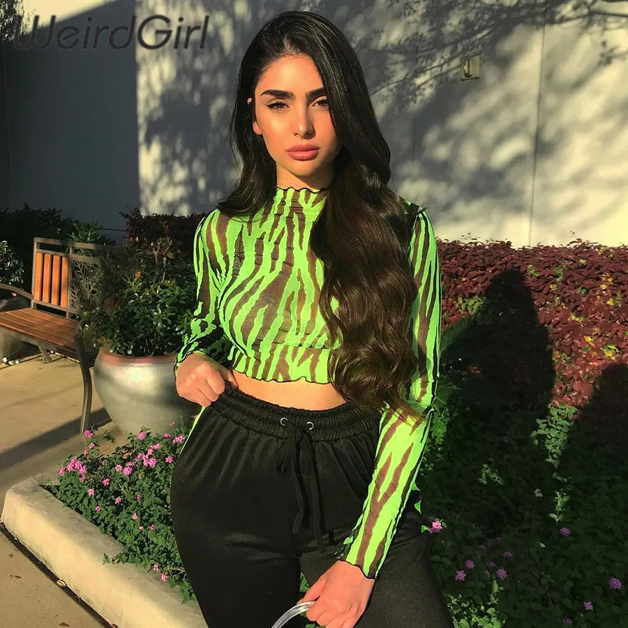 

Weirdgirl women fashion striped t-shirts see though neon green long sleeve o-neck femme tops crop tops elastic streetwear spring