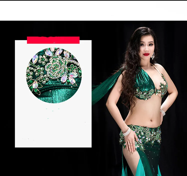 Bling Bling Sequin Oriental Dance Outfit Women 2 Piece Bellydance Performance Costume Bra Fishtail Skirt Sexy Dark Green