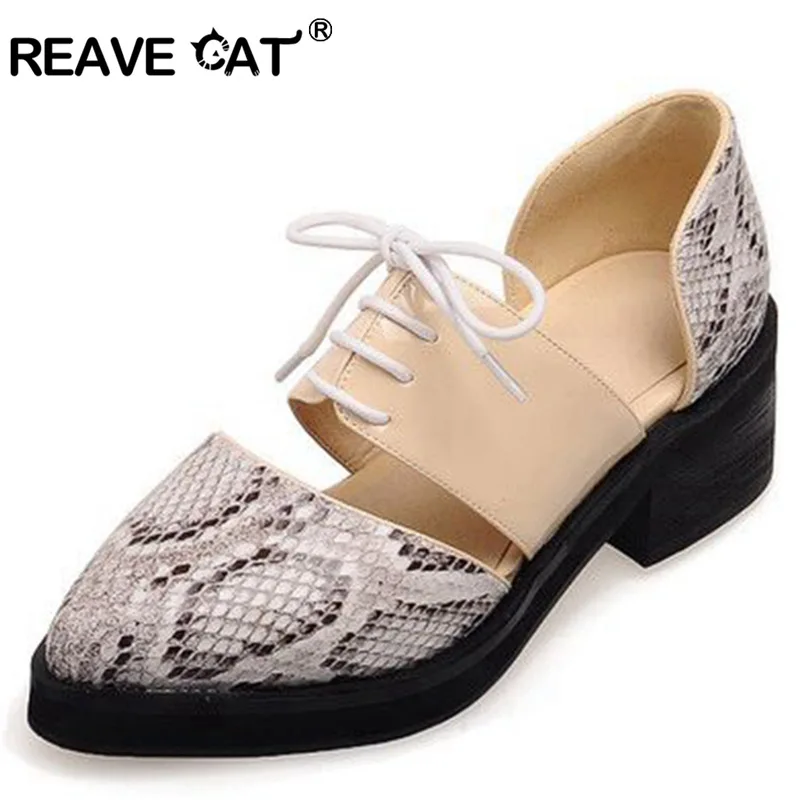 

REAVE CAT Summer Women shoes fashion patchwork Women sandal Flat Ladies Pointed Serpentine Lace up Big size 33-48 Cross tied Hot