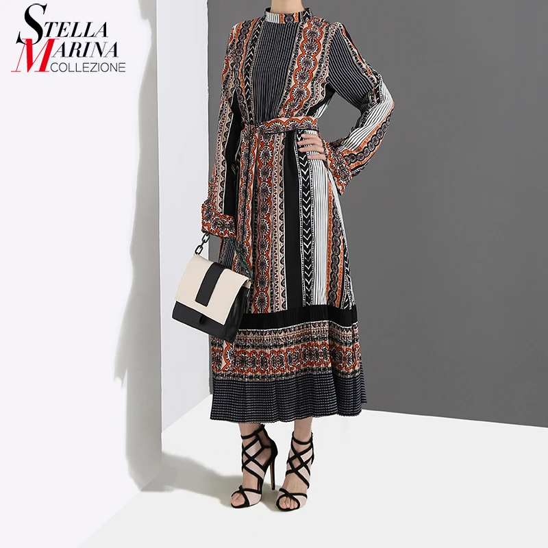 

New 2019 Women Spring Long Dress With Sashes Geometrical Pattern Printed Long Sleeve Lady Party Dress Club Wear Robe Femme 4630