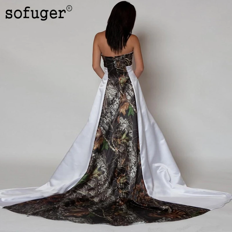 

Sofuge Camouflage Wedding Dress Pleats Empire Waist A line Sweep Train Strapless 2019 Bridal Wedding Dress Gowns
