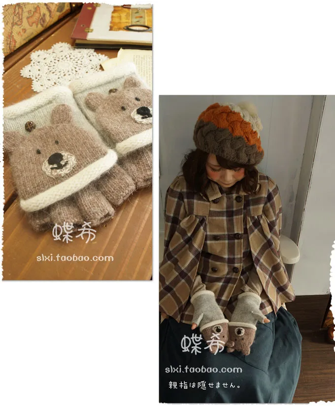 Зима Лолита Kawaii мультфильм милый медведь Лев Зимняя шерстяная одежда перчатки Для женщин японский половина палец теплые перчатки без