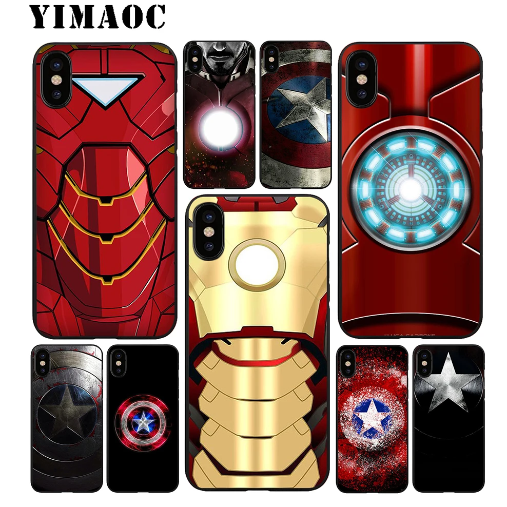 YIMAOC America Captain Iron man Soft TPU Black Silicone Case for iPhone X or 10 8 7 6 6S Plus 5 5S SE Xr Xs Max |