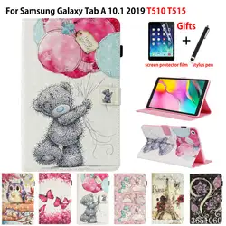 SM-T515 чехол для Samsung Galaxy Tab A 10,1 2019 T510 T515 SM-T510 чехол Funda планшет 3D окрашенный флип-стенд корпус Капа + пленка + ручка