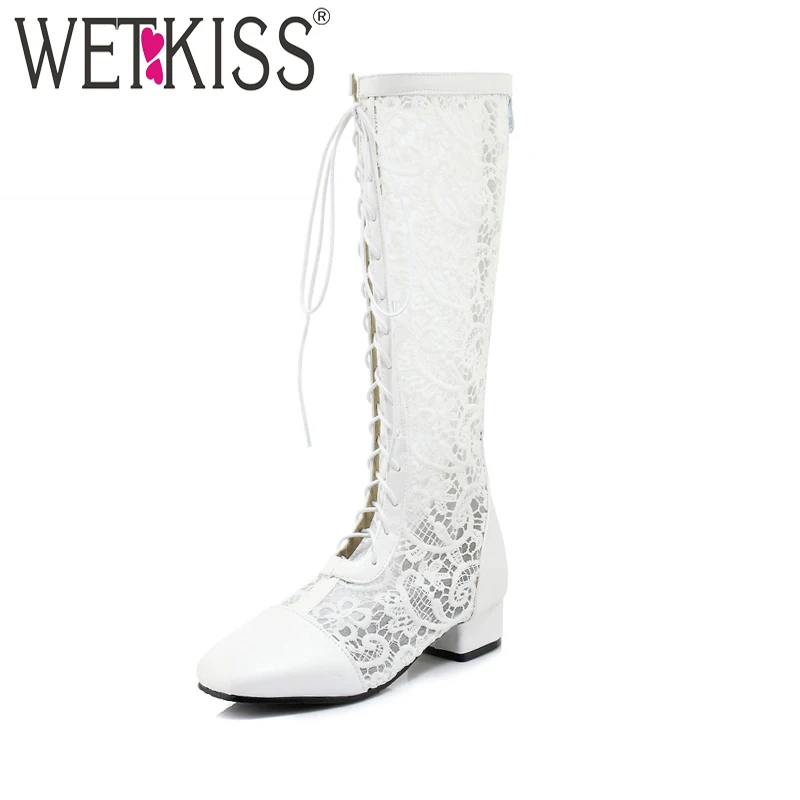 

WETKISS New Thick Heel Knee High Summer Women Boots Zipper Lace Footwear Antumn Fashion Casual Cross Tied Boots Pu Ladies Shoes