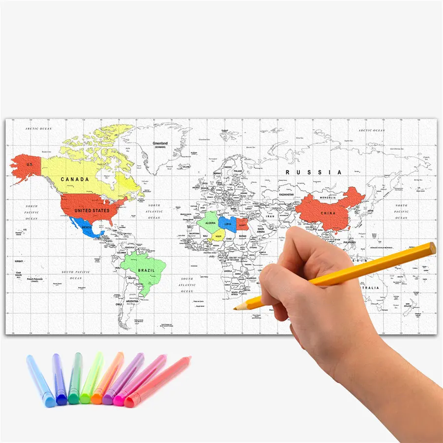 Сделай Сам эскиз ручной рисунок Карта Живопись карта мира Холст плакат Декор для гостиной для детского кабинета или отметьте свои путешествия