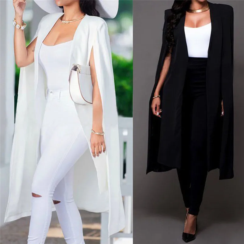 

2018 Winter Capes Women Loose Coat Long Cape Blazer Cape Cardigan Ditch Jacket White Black Long Outwear Work Wholesale M3