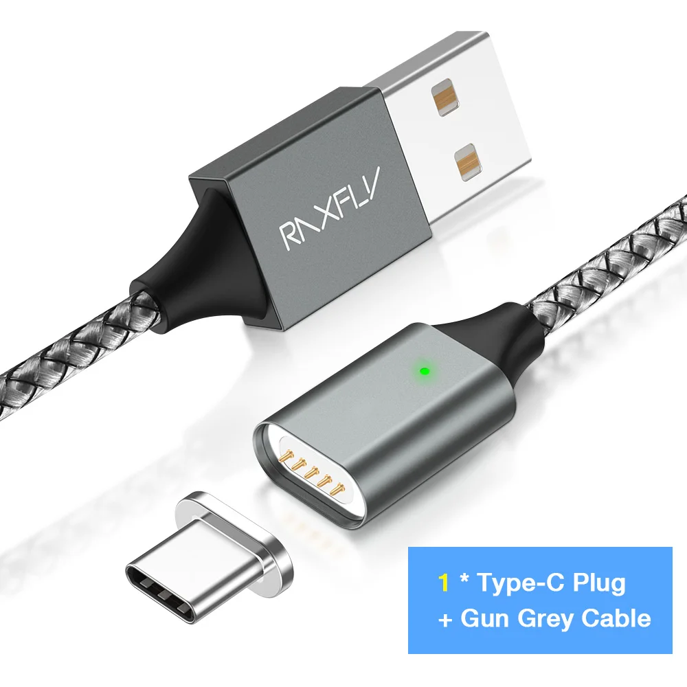 Магнитный зарядный кабель RAXFLY для iPhone X XS Max samsung S9, 1 м, кабель Micro usb type-C для Xiaomi, проводной шнур, кабель для мобильного телефона - Цвет: Gun Grey Type C