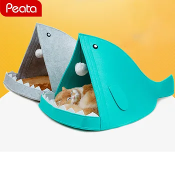 

Cute Felt Pet Cat Beds Nest Dog House Basket Shark Teeth Rabbit Pet Funny Fish-Type Pet Nest Portable Foldable Puppy House Y