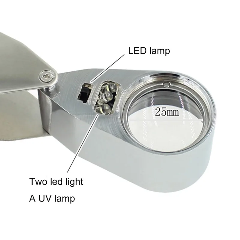 Мини Портативный 40x25 мм Лупа увеличительное Jewelers глаз, Стекло Ювелирные изделия с бриллиантами УФ светодиодный лампы