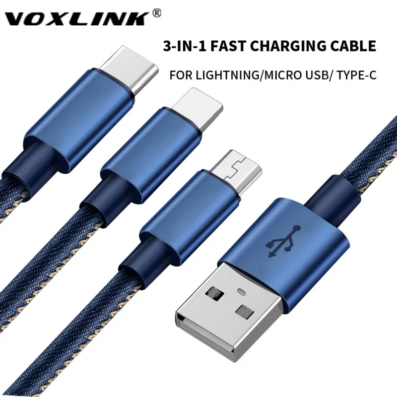 VOXLINK USB кабель 3 в 1 для iPhone 6S MAX XS джинсовое зарядное устройство Micro usb кабель для Android usb type C кабели для мобильных телефонов