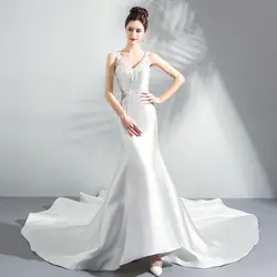 Элегантное Белое Атласное платье для выпускного вечера с v-образным вырезом и кружевом, без рукавов, с жемчугом, с часовым шлейфом, вечерние