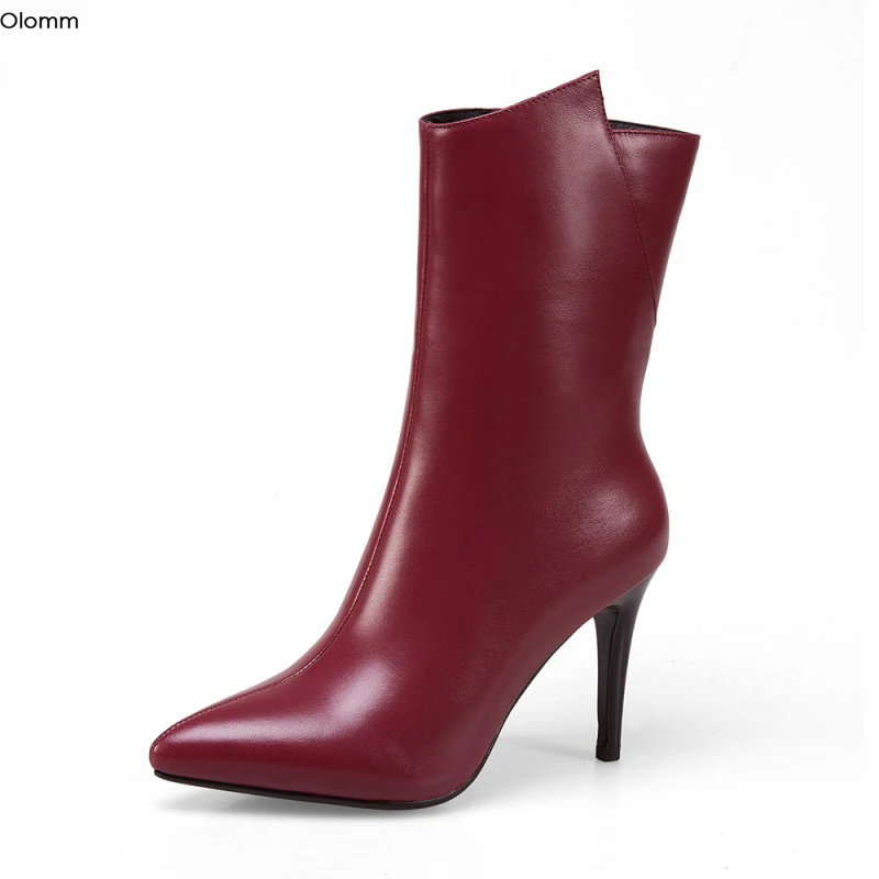 Olomm New Women Leather Ankle Boots Stiletto High Heels Nice Pointed Toe Elegant 3 Colors Daily Shoes US Size 3-10.5 | Обувь