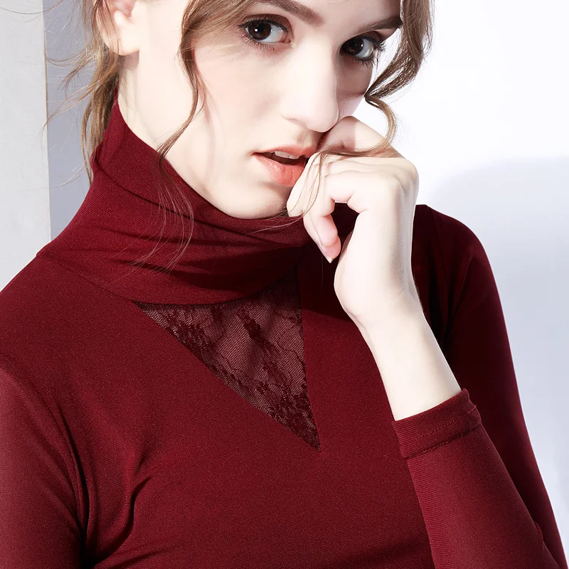 

DHfinery spring autumn lace t-shirt women long sleeve high collar Sexy t-shirts lady black white and gray Elegant Tops sg26108