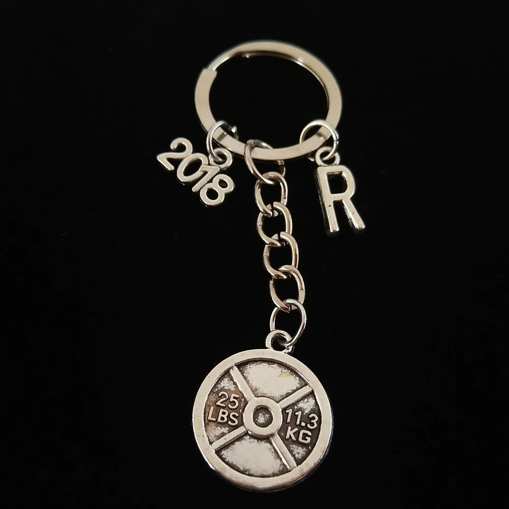

Initial Keychain 2018 Charm Key Chain Antique Silver 25lbs Weight Plate Key Ring Exercise Charm Fitness Gift Bag Accessory