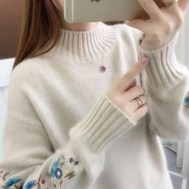 Cena Surmiitro Cashmere kobiety golfem 2019 jesień zima dzianiny haft Jumper kobiety swetry i swetry kobiet Pull Femme