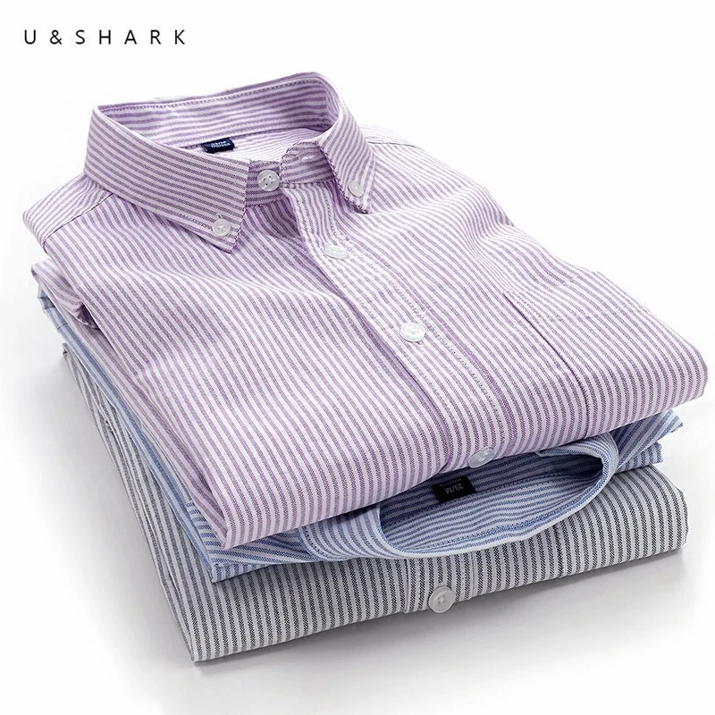 

U&SHARK Autumn New 100% Cotton Oxford Striped Shirt Men Long Sleeve Slim Fit Formal Business Mens Dress Shirts Social Shirt Male