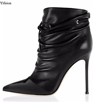 

Olomm New Women Pleated Ankle Boots Sexy Stiletto High Heels Boots Nice Pointed Toe Black Office Shoes Women Plus US Size 5-15
