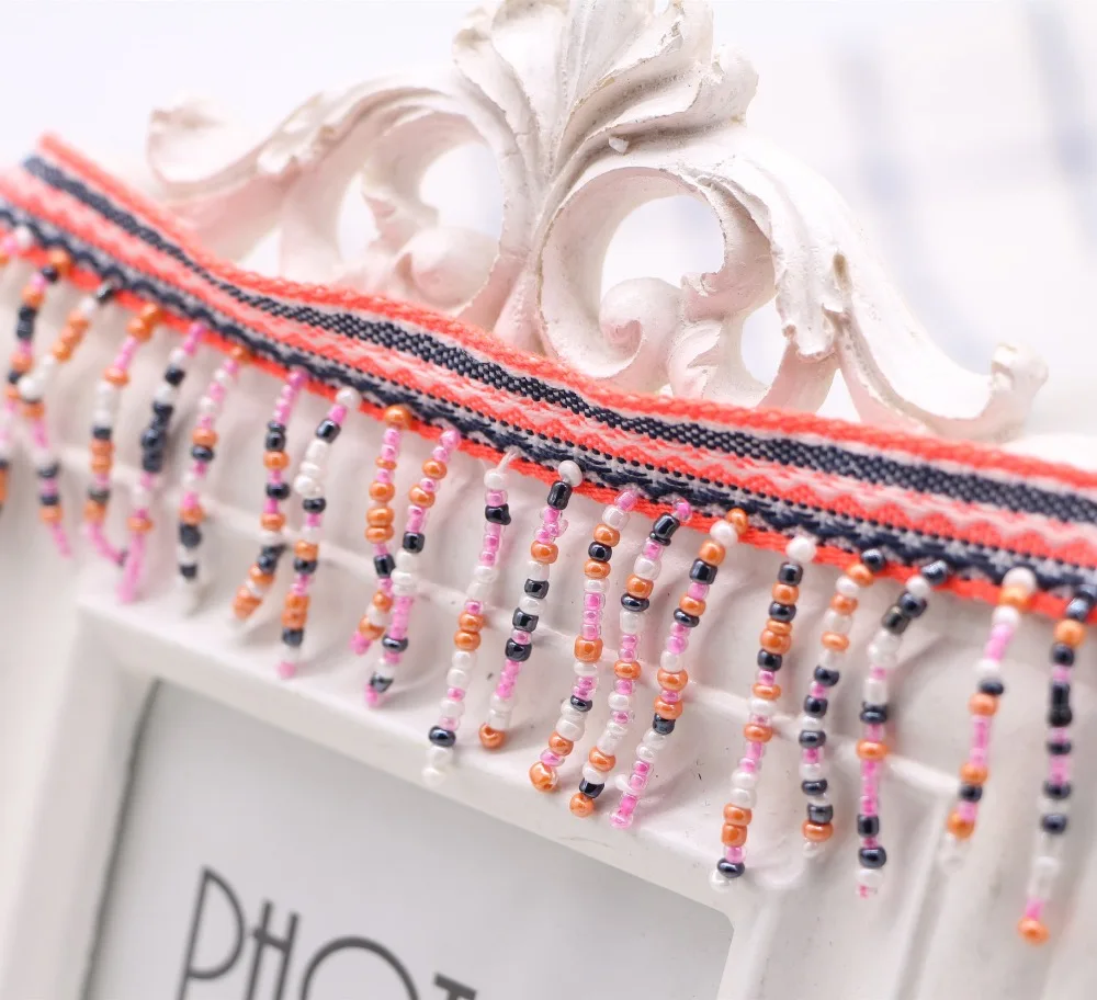 

ethnic jacquard webbing woven tape beads fringe lace cloth collar trim ribbon 4.5cm tribal boho DIY zakka accessory native gypsy