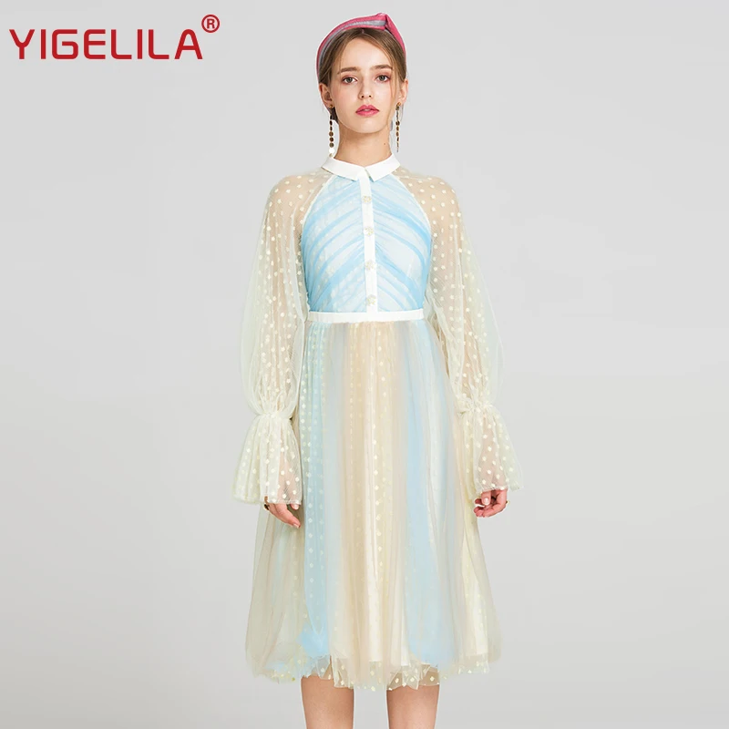 

YIGELILA 2019 Latest Spring Women Elegant Stand Neck Flare Sleeve Empire Slim Knee Length Mesh Embroidery Dress 62965