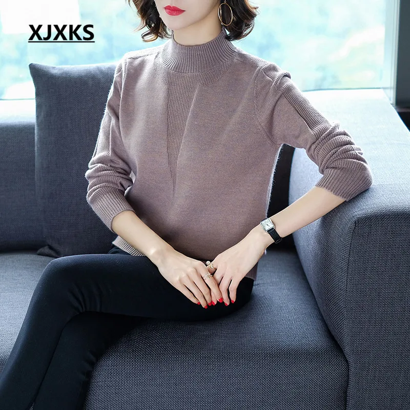 

XJXKS ulzzang sweaters fashion 2018 women half turtleneck high quality women's pullovers and sweaters free shipping
