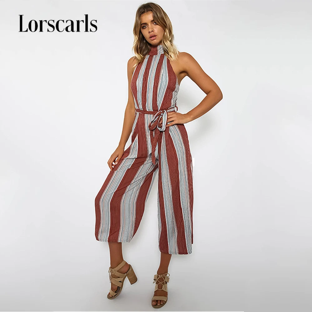 Lorscarls Striped Wide Leg Rompers Womens Jumpsuit Summer