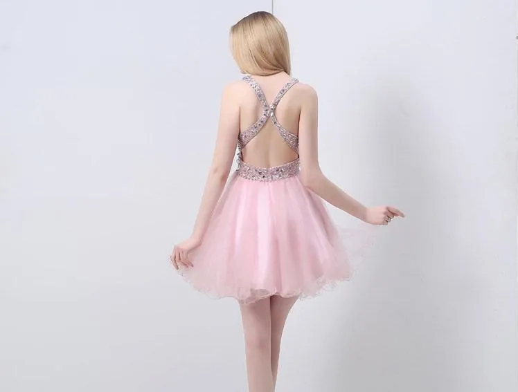 Лучшие продажи высокое качество реальные фотографии милая кристалл бисера розовый ну вечеринку мини-пром платья коктейльные платья