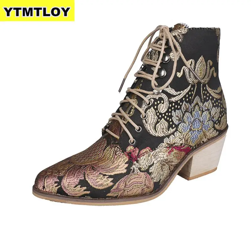 Najtaniej Retro czeski kobiety buty drukowane kostki w stylu Vintage buty motocyklowe damskie buty kobieta 2019 nowy haftować wysokie obcasy buty