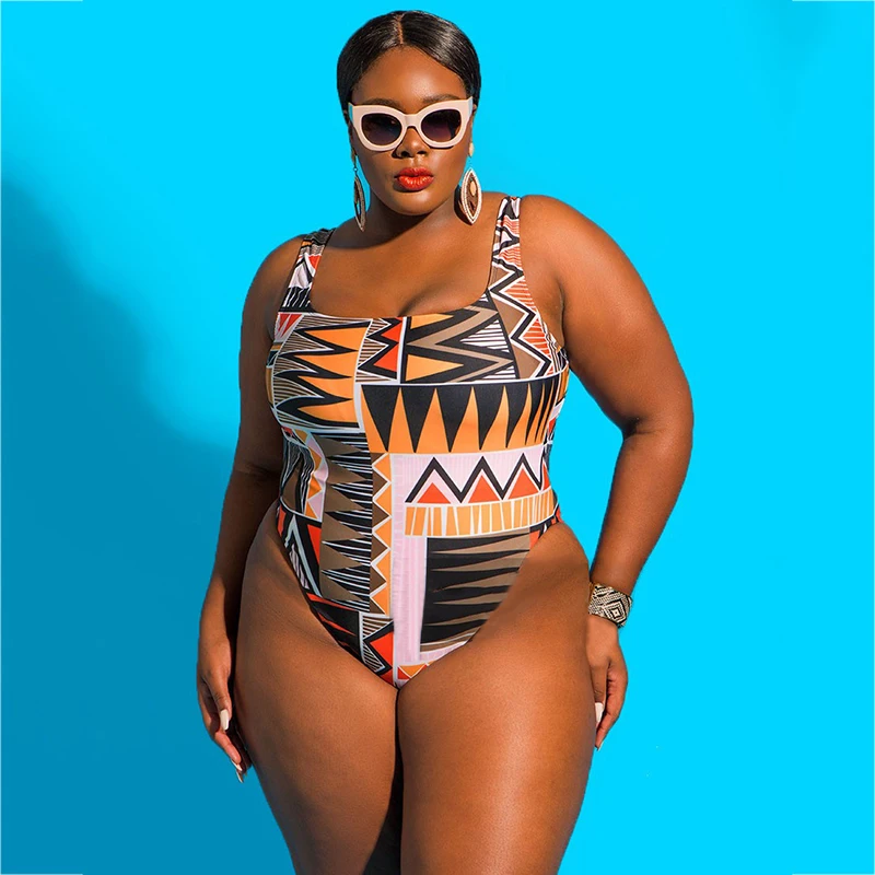 Cut Out Monokini Large Size 4XL One Piece Swimsuit Women Print Geometric Bathing Suit Big Size Vintange Swimwear Plus Size Suits