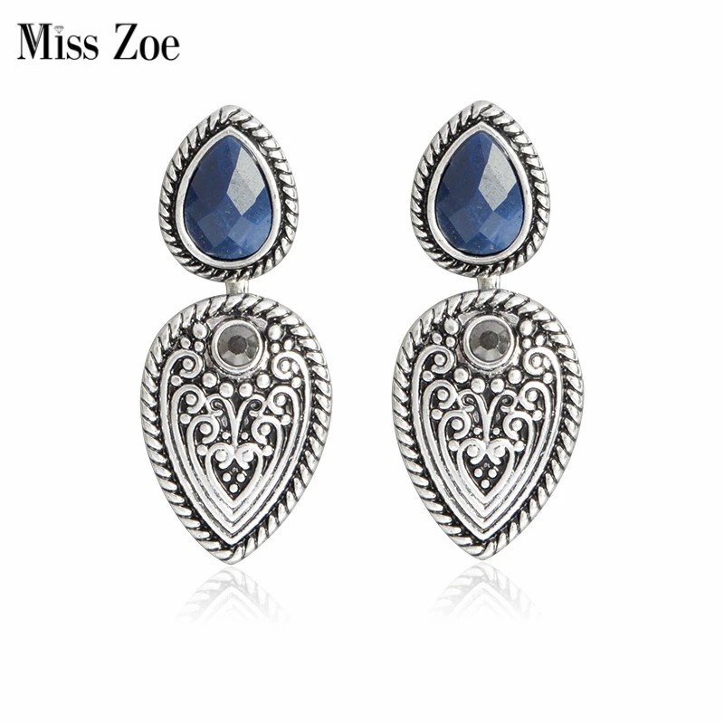 

Miss Zoe Bohemian Anqitue Silver Drop Earrings Water Drop Resin Stone Vintage Retro Charm Earrings Women Eardrop Fashion Jewelry