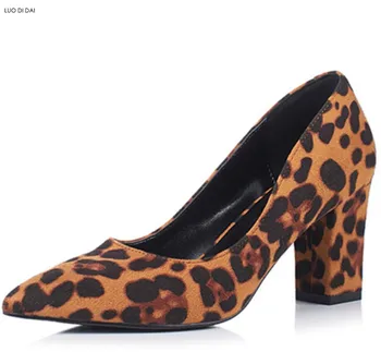

2018 New arrival women leopard pumps chunky heel party shoes horse fur pumps sexy leopard high heels dress shoes
