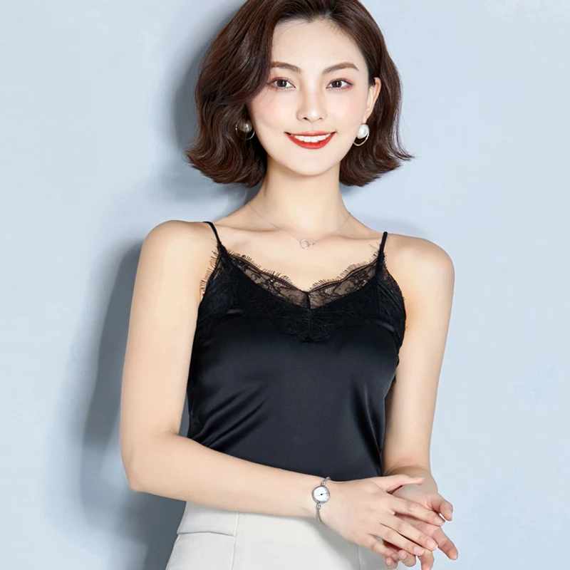 

AOSSVIAO Summer Lace Tank Top Patchwork Women's Fashion Satin Camisole Candy Color Adjustable Female Sexy Sling Korean Tops