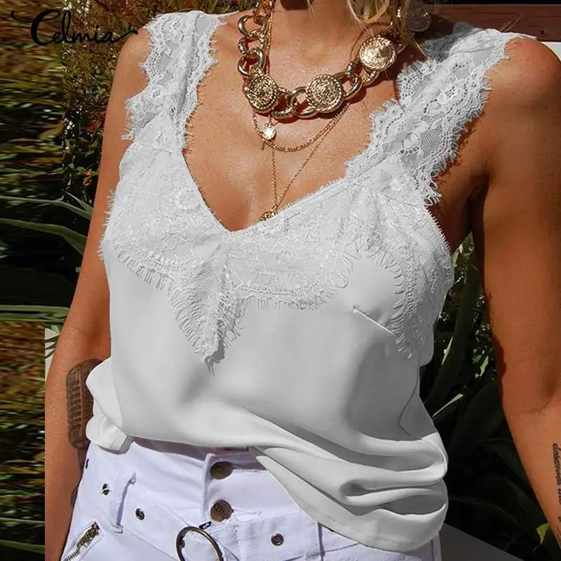 

2019 Fashion Lace Shirts Women Tank Top Celmia Ladies Sexy V Neck Fitness Camis Casual Vest Sleeveless Blusas Feminina Plus Size