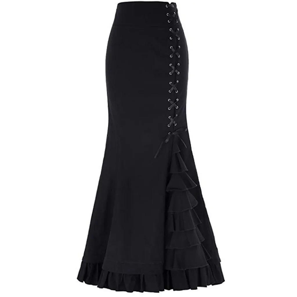 Новая женская сексуальная Готическая винтажная длинная юбка-Русалка с цветочным принтом Ruffe на шнуровке, макси юбка на шнуровке, облегающая тонкая элегантная длинная юбка - Цвет: Black