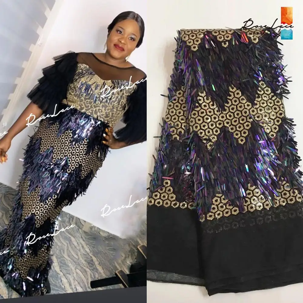 

Tassel Sequins African French Net Lace Fabrics Magic Color Sequined Embroidered French Mesh Tulle Laces Material For Prom Dress
